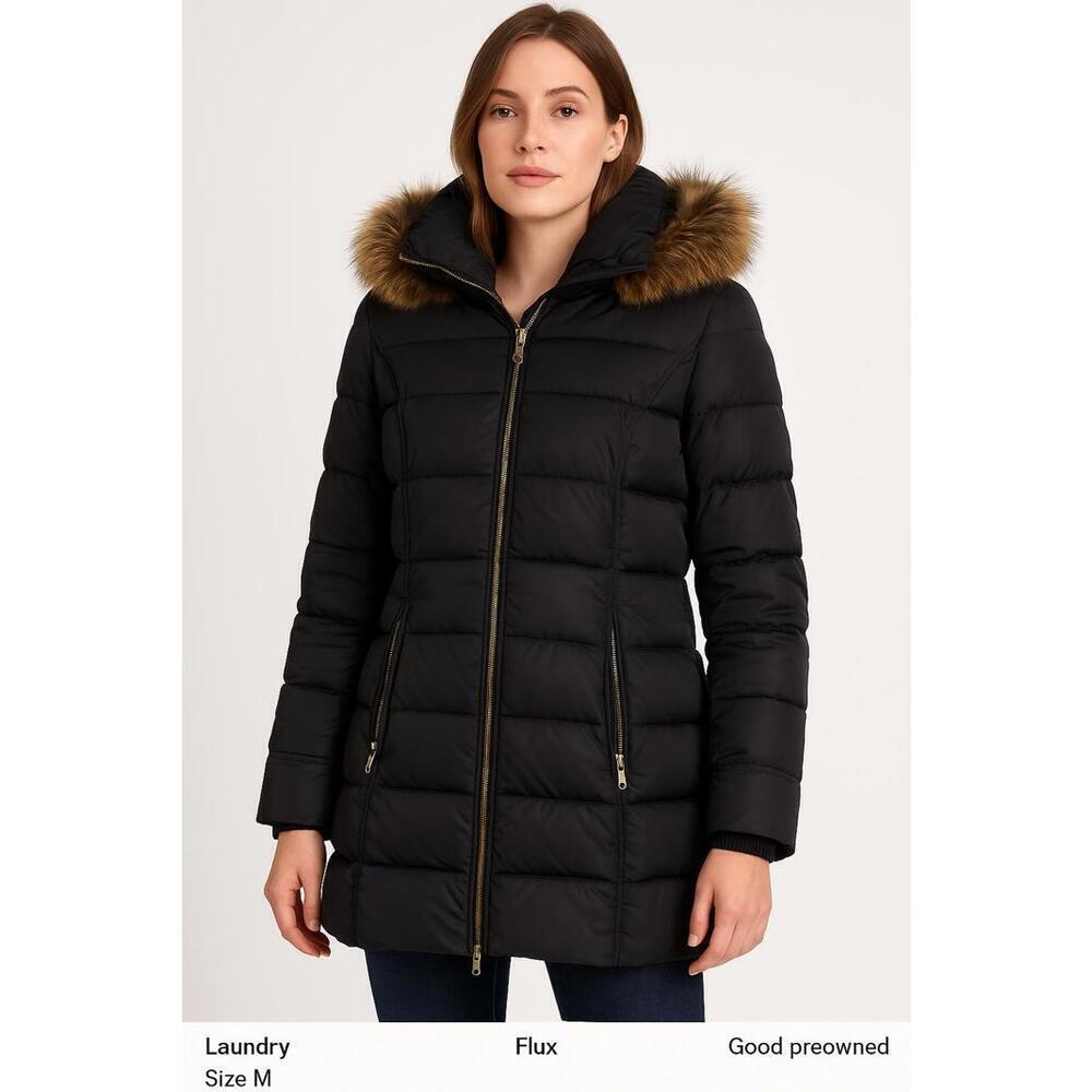 Y2K Black Puffer Coat M Goth Sleek Down Fox Fur Hood Winter Ski Streetwear